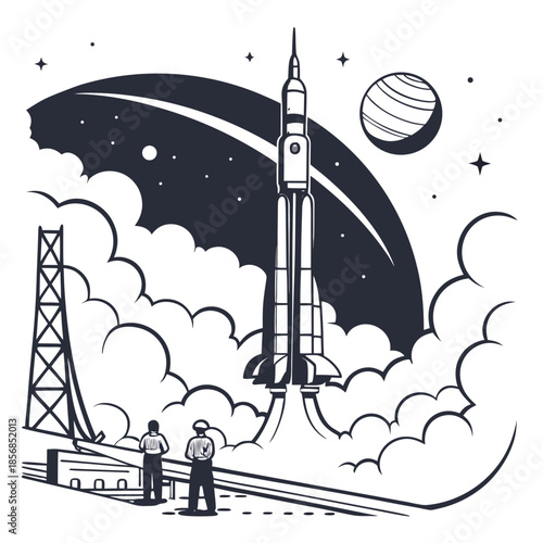 A stylized illustration depicts a rocket launching into space with a planet and observers below high quality