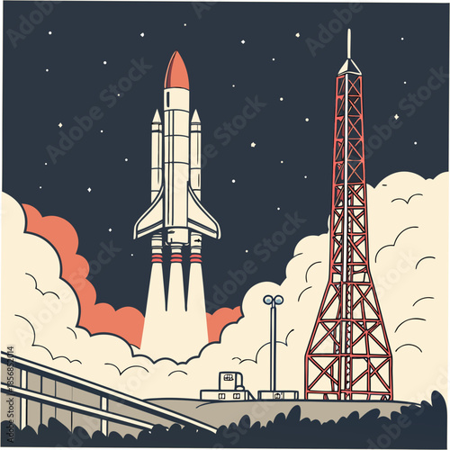 A retro style illustration depicts a rocket launching from a spaceport launchpad amidst swirling smoke and a starry night sky