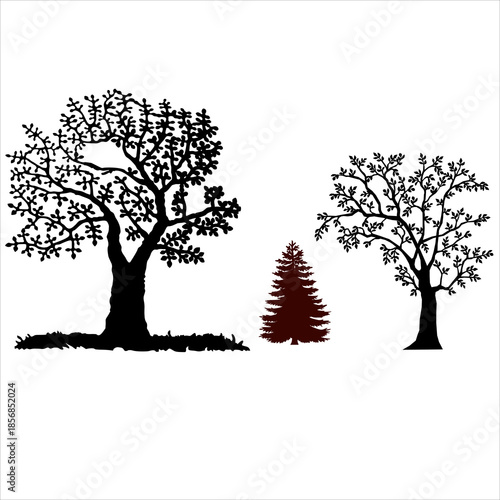 A set of black vector silhouettes featuring bare oak and forest trees with dead branches for a winter nature landscape illustration design