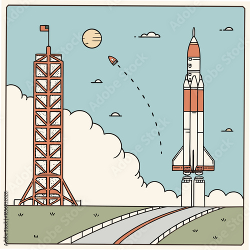 A retro style illustration depicts a rocket launching from a launchpad under a bright moon and cloudy skies