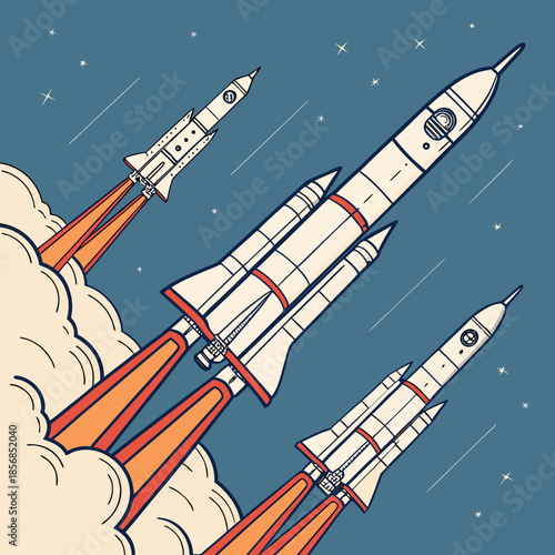 Vintage style illustration of three rockets launching into a blue sky with white star details and fiery trails
