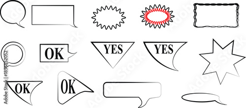 Collection of hand-drawn speech bubbles, text boxes, and dialogue elements