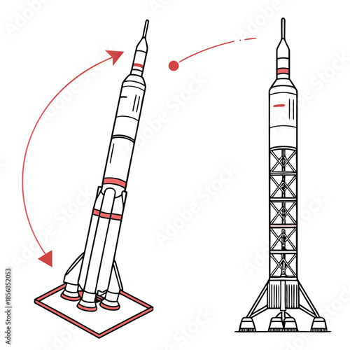 A detailed illustration depicts the structure of a rocket showcasing its components and depicting a trajectory path