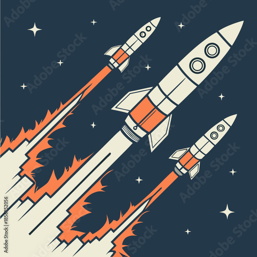 Retro styled illustration depicts three rockets ascending through a dark starry sky with fiery exhaust trails evoking a sense of