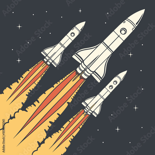 Vintage style illustration of three rockets launching into a starry night sky with bright orange flames