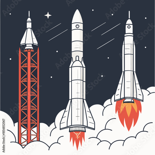 Three stylized rockets launching into space with fiery trails against a dark blue cosmic background with stars