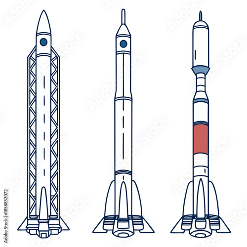 Illustrative depiction of three distinct rocket designs in a simple schematic style showcasing stages and fins