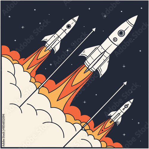 Retro style illustration of three rockets launching into a starry night sky with vibrant orange flames