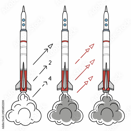 Three rockets launching with varying trajectories indicated by red arrows and dashed lines showing ascending motion