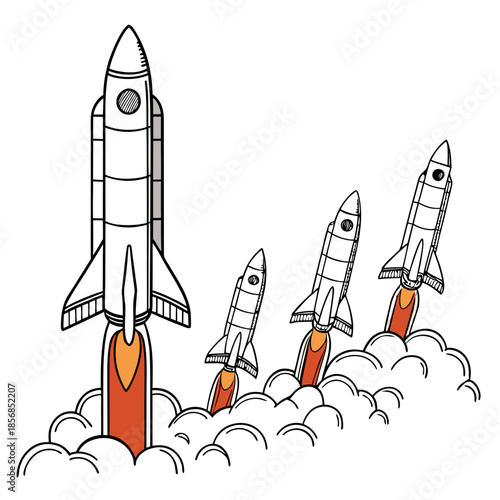 A dynamic illustration depicts multiple rockets ascending with fiery trails symbolizing progress exploration and the spirit of space travel