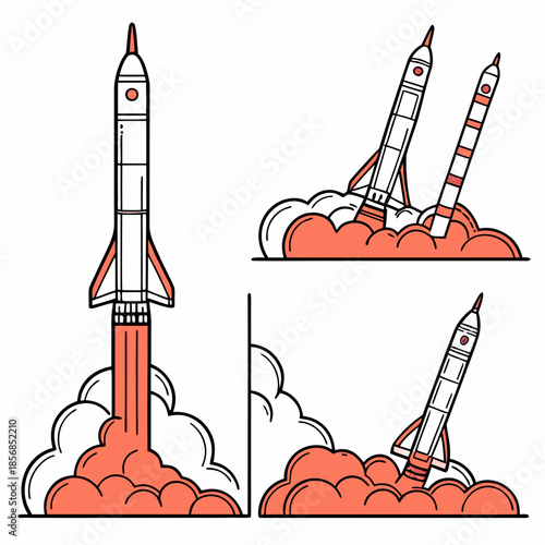 A colorful illustration depicts various stages of rocket launches with prominent flames and billowing smoke clouds space exploration
