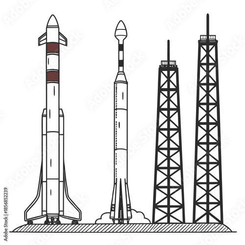 A detailed black and white illustration showcases various rocket designs and launch structures standing on ground