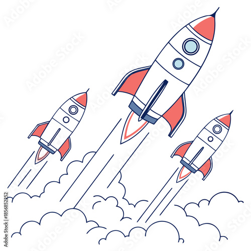 Three stylized rockets ascend through a cloud of smoke depicted with a playful and simplistic hand drawn aesthetic