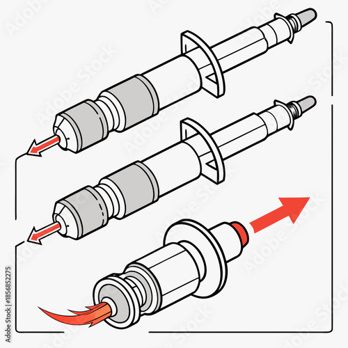 Detailed illustration showcasing the components and operational mechanism of a hydraulic cylinder with extending and retracting features