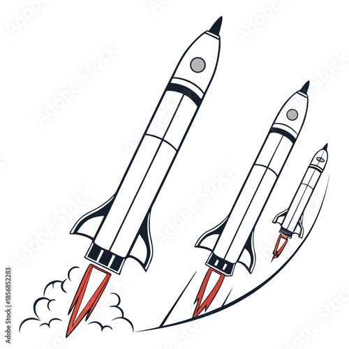 Three stylized rockets ascending with fiery trails depicted in a simple illustrative black and white design aesthetic