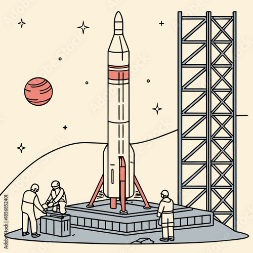 A retro style illustration depicts a rocket poised for launch with engineers preparing for liftoff near a planet