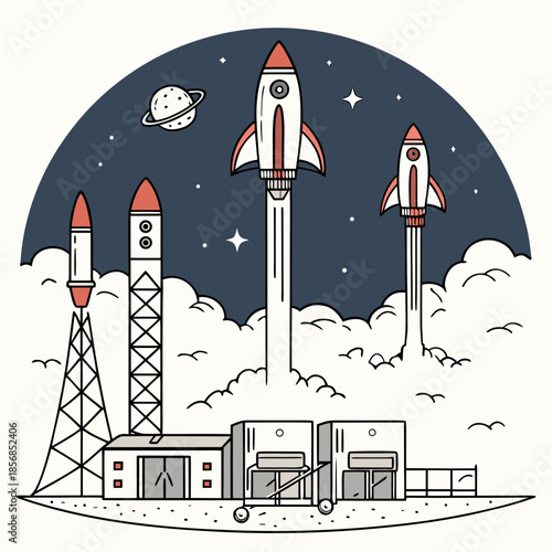 A stylized illustration depicts three rockets launching into space with planets and a launch facility below them