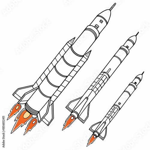 Illustrative depiction of three rockets in varying sizes showcasing their structural designs and possible propulsion systems