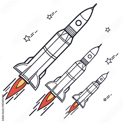 A charming black and white illustration depicts three rockets launching into space surrounded by twinkling stars and fiery trails