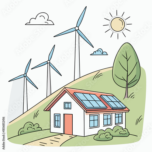 A charming illustration depicts a house with solar panels wind turbines a tree and a bright sunny sky