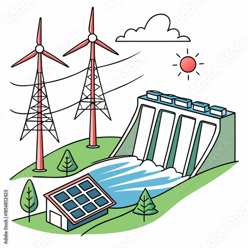 A colorful illustration depicting renewable energy sources with wind turbines a hydroelectric dam solar panels and a bright sun