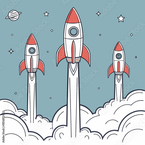 Three cartoon rockets launching into a starry night sky with a planet and smoke trails visible