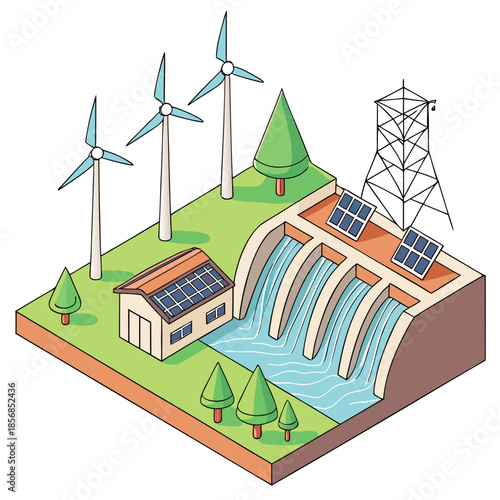 Isometric illustration depicting a sustainable energy landscape with wind turbines a hydroelectric dam and solar panel installations