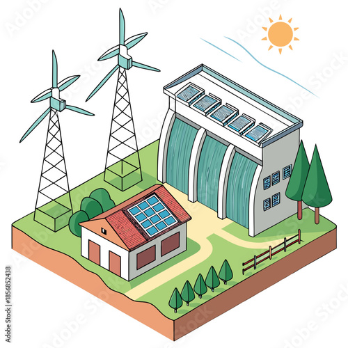 Isometric illustration showcasing a sustainable energy landscape with wind turbines solar panels and a hydroelectric power station infrastructure