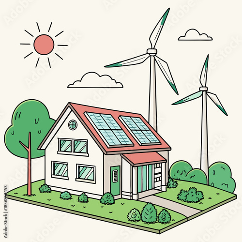 A charming illustration depicts a sustainable home powered by solar panels and wind turbines under a bright sun