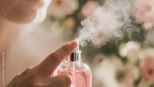 Close-up of a person spraying a delicate pink perfume bottle, creating a fine mist against a soft floral background. © Pupan