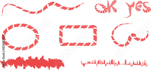 Diverse hand-drawn red and white striped decorative elements set for graphic design