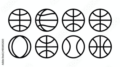 Black and white line art illustration of eight basketballs arranged in two neat rows, minimal vector outline, clean strokes, symmetrical layout, isolated on white, modern sports graphic style.