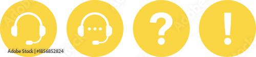 Set of four yellow circle customer support icons featuring headset help question mark and alert symbols for website contact pages.