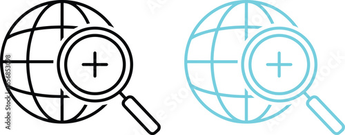 Global search and zoom-in magnifying glass icons with wireframe globe in black and cyan blue line art for data discovery and technical research.