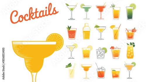 Colorful sketch-style cocktail illustrations arranged in a clean grid, hand-drawn line art, vibrant splashes, modern bar menu aesthetic, white background