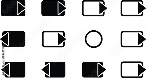 Set of twelve media player and navigation icons featuring play next and back arrow symbols in solid and outlined styles.