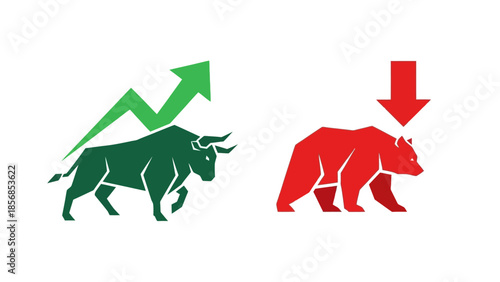 Minimal flat vector icon set representing bull and bear market trends