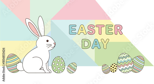 Cute Easter Bunny with Decorated Eggs and "Easter Day" Text on Pastel Geometric Background