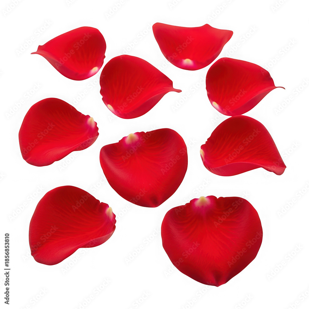 Fototapeta premium Beautiful red rose petals scattered randomly on white background isolated on transparent background