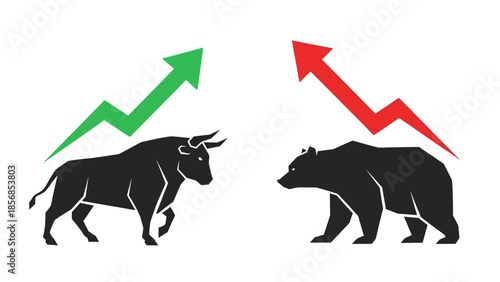 Minimal flat vector icon set representing bull and bear market trends