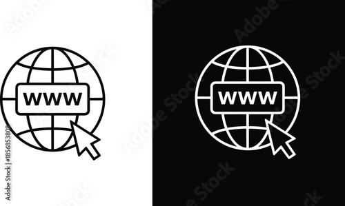 Internet browsing icon featuring wireframe globe with WWW text bar and mouse cursor pointer isolated on white and black backgrounds.