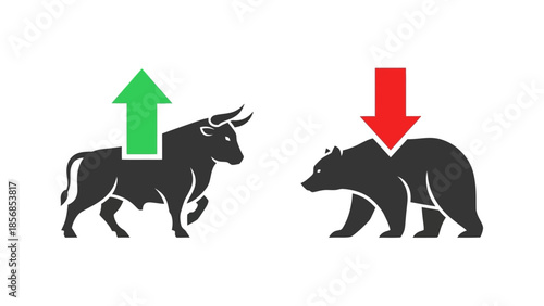 Minimal flat vector icon set representing bull and bear market trends