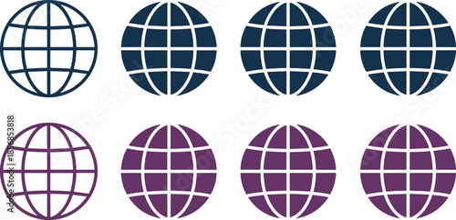 Set of four minimalist globe icons in varying line weights and solid silhouettes for global networking and international web design.