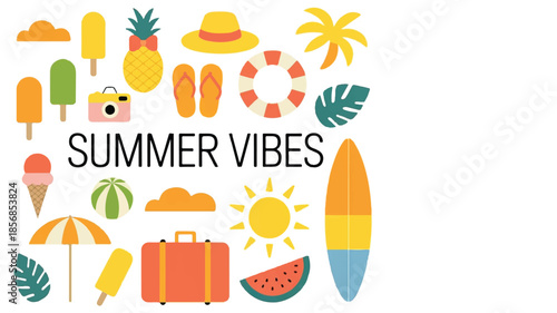 Creative summer vibes illustration with colorful icons, warm sunny colors, modern flat style, and bold black text in the middle.