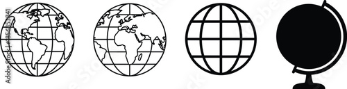 Set of four black line art globe icons featuring world maps and simplified grid silhouettes for global business and geography.