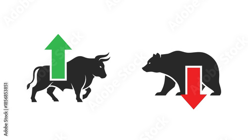 Minimal flat vector icon set representing bull and bear market trends