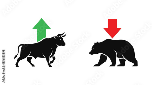 Minimal flat vector icon set representing bull and bear market trends