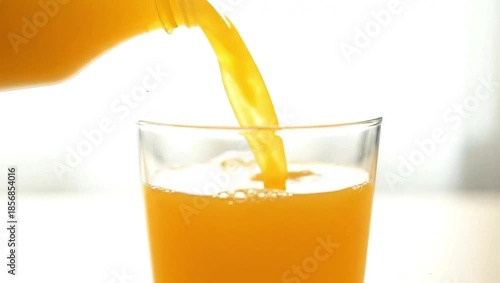 Orange Juice Pouring: Capture the essence of refreshment as a bottle gracefully pours vibrant, freshly squeezed orange juice into a pristine glass, ready to quench any thirst. 