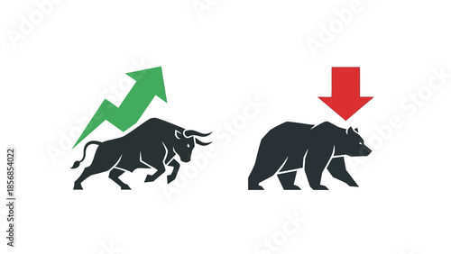 Minimal flat vector icon set representing bull and bear market trends