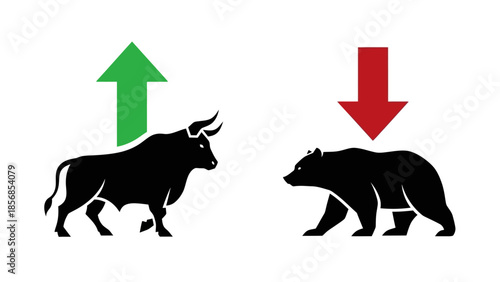 Minimal flat vector icon set representing bull and bear market trends